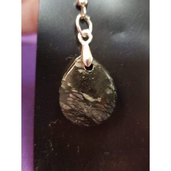 Natural Black Marbled Stone Dangle Earrings Teardrop Shape, Silver Tone, New - Picture 2 of 5